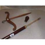 WALKING STICK  WITH A GLASS SPIRIT INSERT  &  WIG HANGER