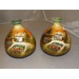 PAIR OF AUSTRIAN BULBOUS VASES 5 1/2 " TALL ORANGE AND GREEN GLAZED WITH COTTAGE & GARDEN SCENE