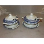 PAIR OF 19TH CENT SAUCE TUREENS 7"DIA TOP ENGLISH BLUE/WHITE WITH GILT DECORATION COMPLETE WITH