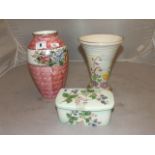 TWO MALING VASES ONE PEONY ROSE THE OTHER FLORAL  & WORCESTER PALISSY BUTTER DISHWITH BRAMBLE