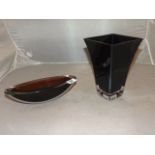 CONTEMPORARY GLASS ,VASE BLACK & BOAT SHAPED POSY BOWL IN RUBY COLOUR