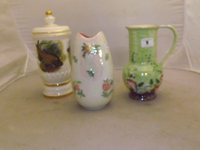 KENSINGTON WATER JUG & VASE+CROWN DEVON LIDDED POT WITH FISH DECORATION