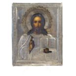 ICONA CON RIZA IN ARGENTO Mosca, 1908-1917 tempera su tavola raffigurante "Cristo", restauri   A