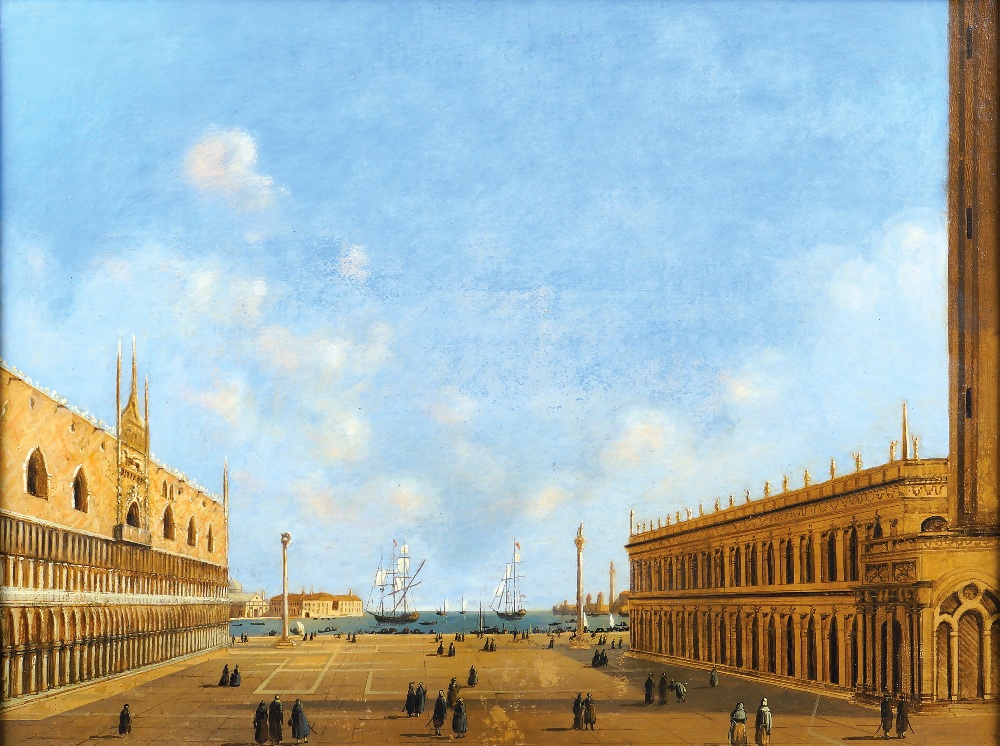SCUOLA ITALIANA XIX Sec. "Veduta di Piazza San Marco", olio su tela, entro cornice, restauri