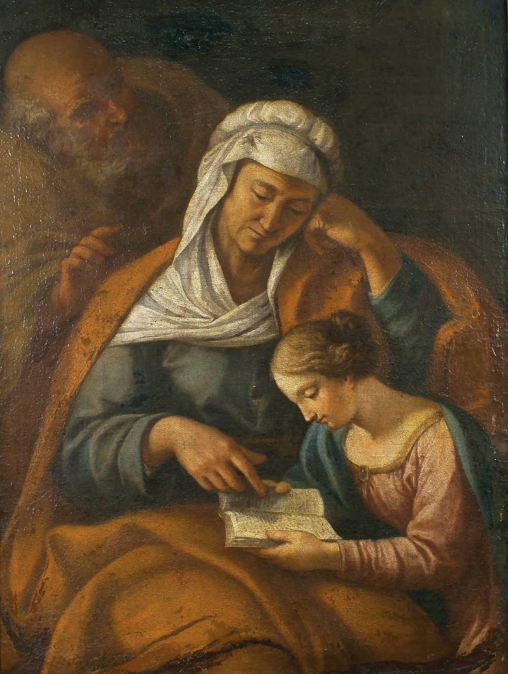 SCUOLA ROMANA XVIII Sec. "La lettura di Maria", olio su tela, entro cornice coeva in legno dorato,