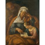 SCUOLA ROMANA XVIII Sec. "La lettura di Maria", olio su tela, entro cornice coeva in legno dorato,