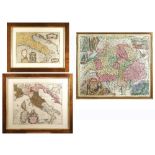 A lot of three colored etchings With three different geographical maps, framed misure diverse