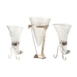 A set of three cut-glass and silvered metal centerpieces Comprising two cornucopias and one flower