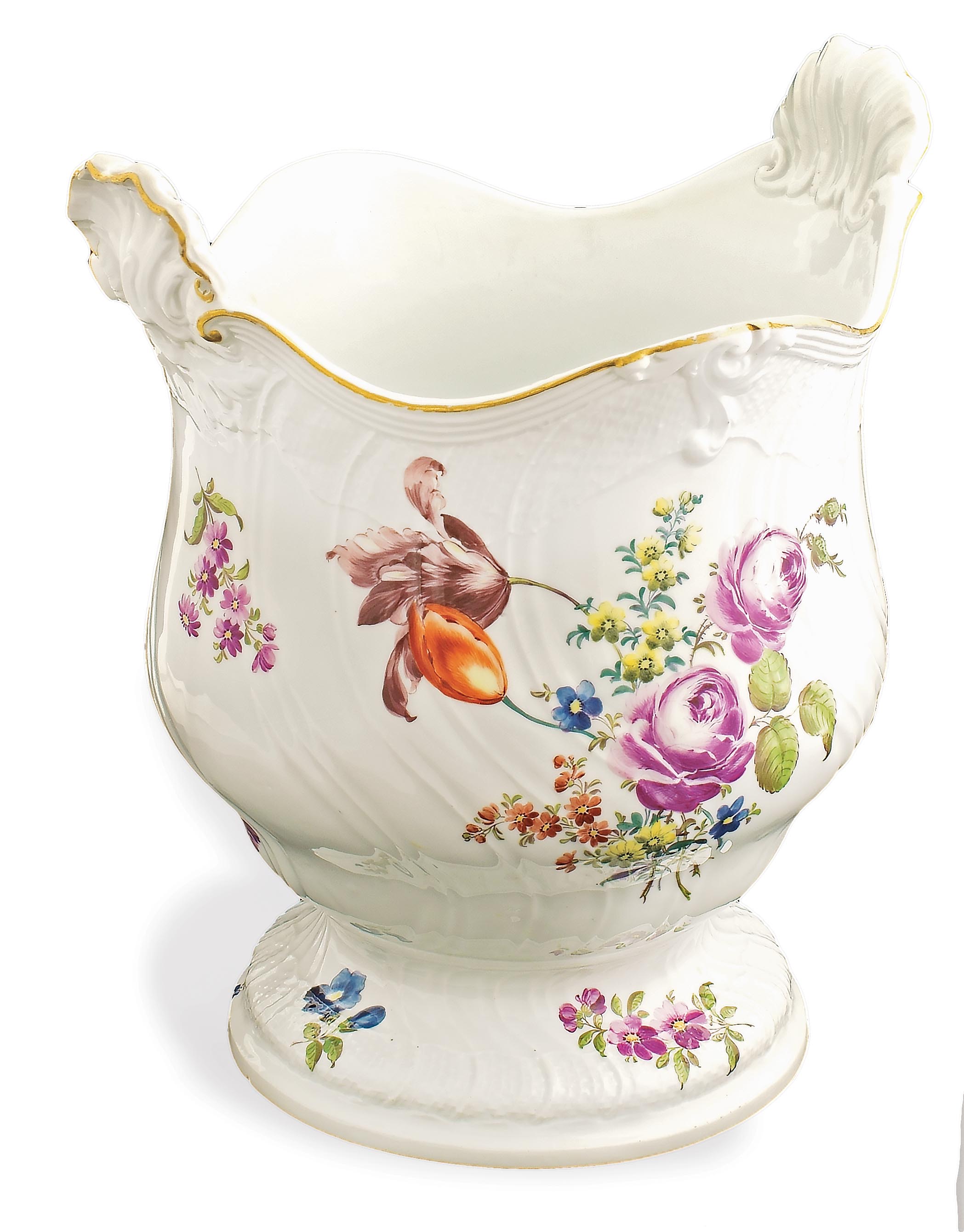 A Meissen porcelain bottle cooler New Ozier decoration and gilt rims, mark under the base, minor