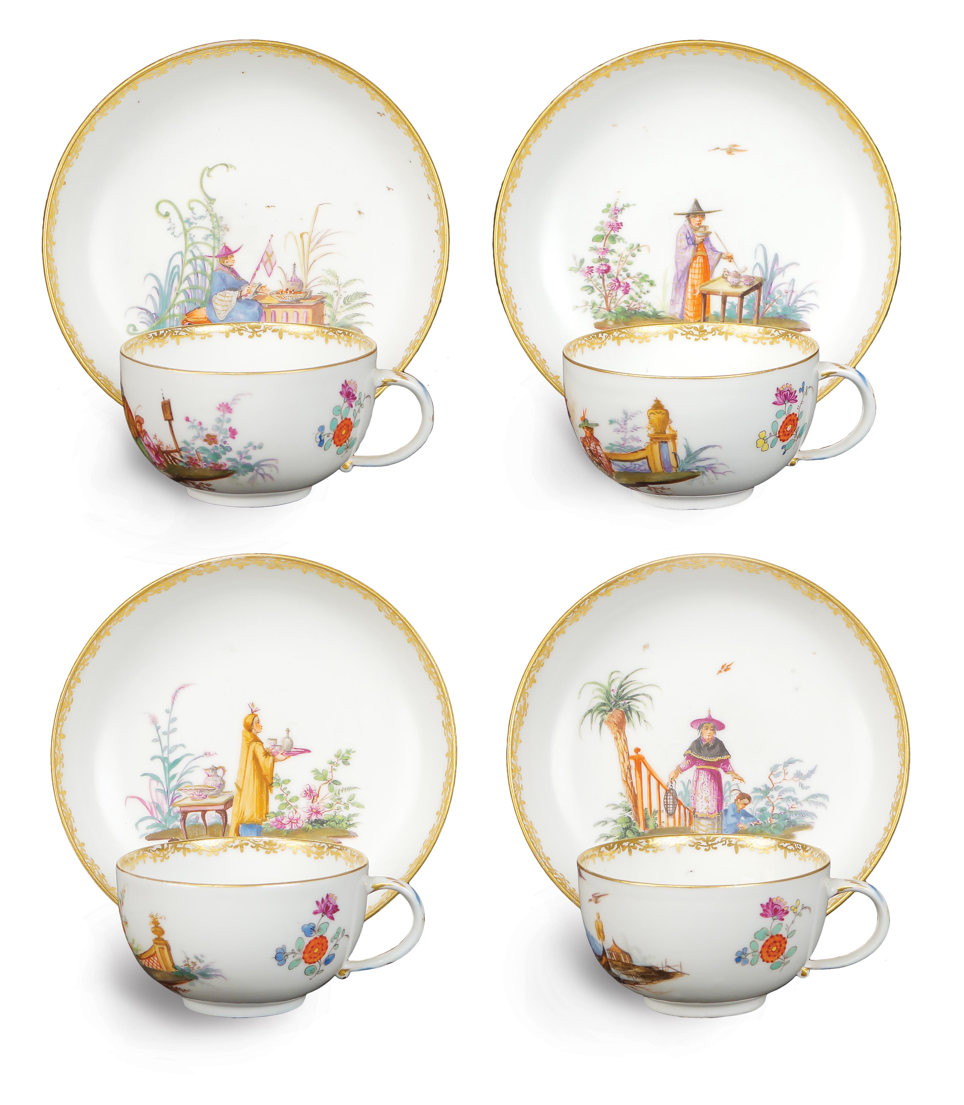 A lot of four Meissen porcelain cups Comprising plates, decorated with women in Oriental costums,