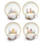 A lot of four Meissen porcelain cups Comprising plates, decorated with women in Oriental costums,