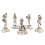 A lot of five silver putti Repoussé and chasing decorations of the four seasons mid 20th century