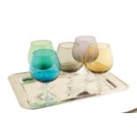 A set of five liqueur glasses  different colored glass with a silvered metal tray