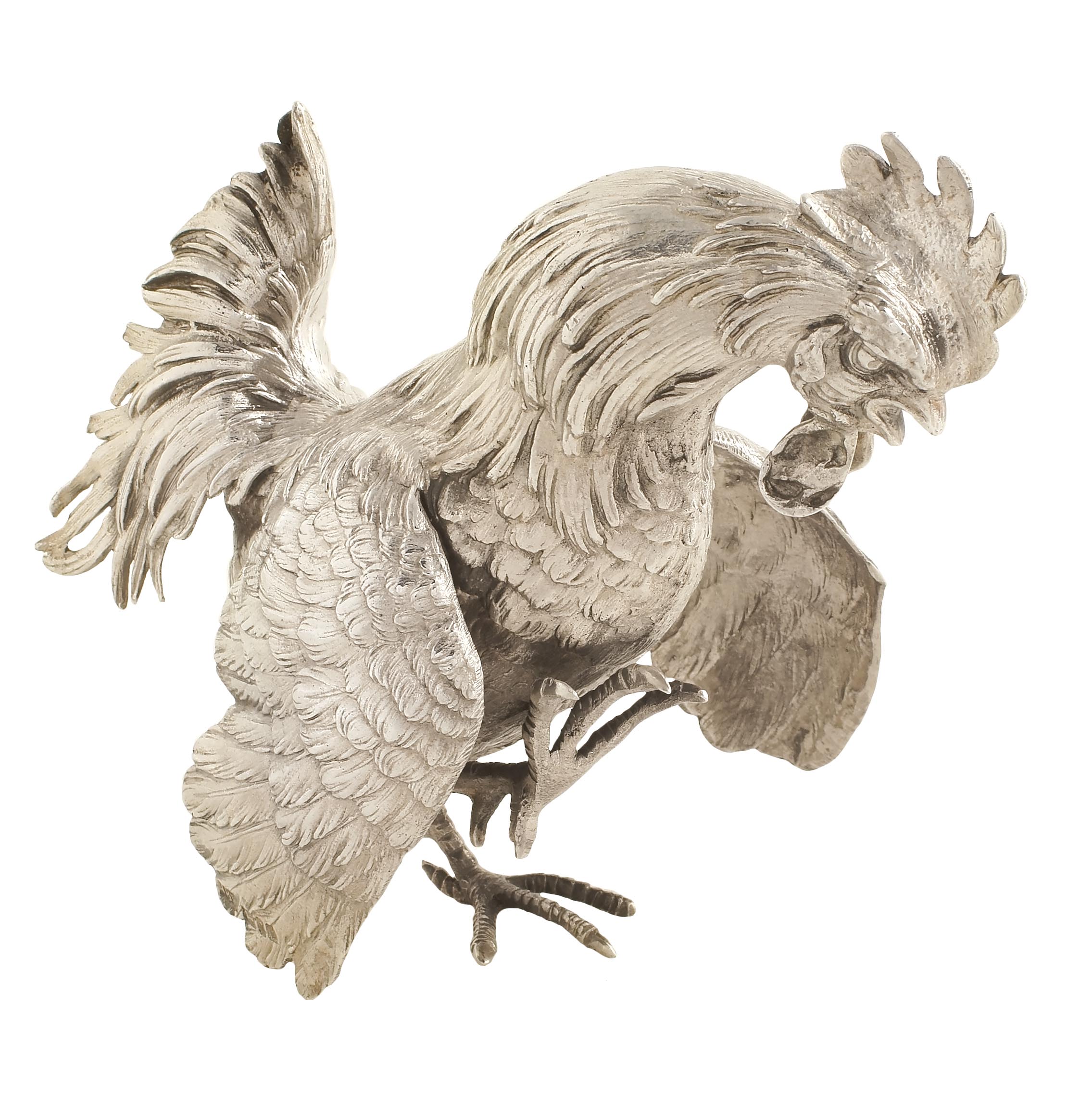An English silver rooster modelled in fight position London, 1957 peso 563 gr.