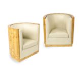 A French rootwood Deco' armchair Seating and chair-back covered in beige eco-leather 20th century