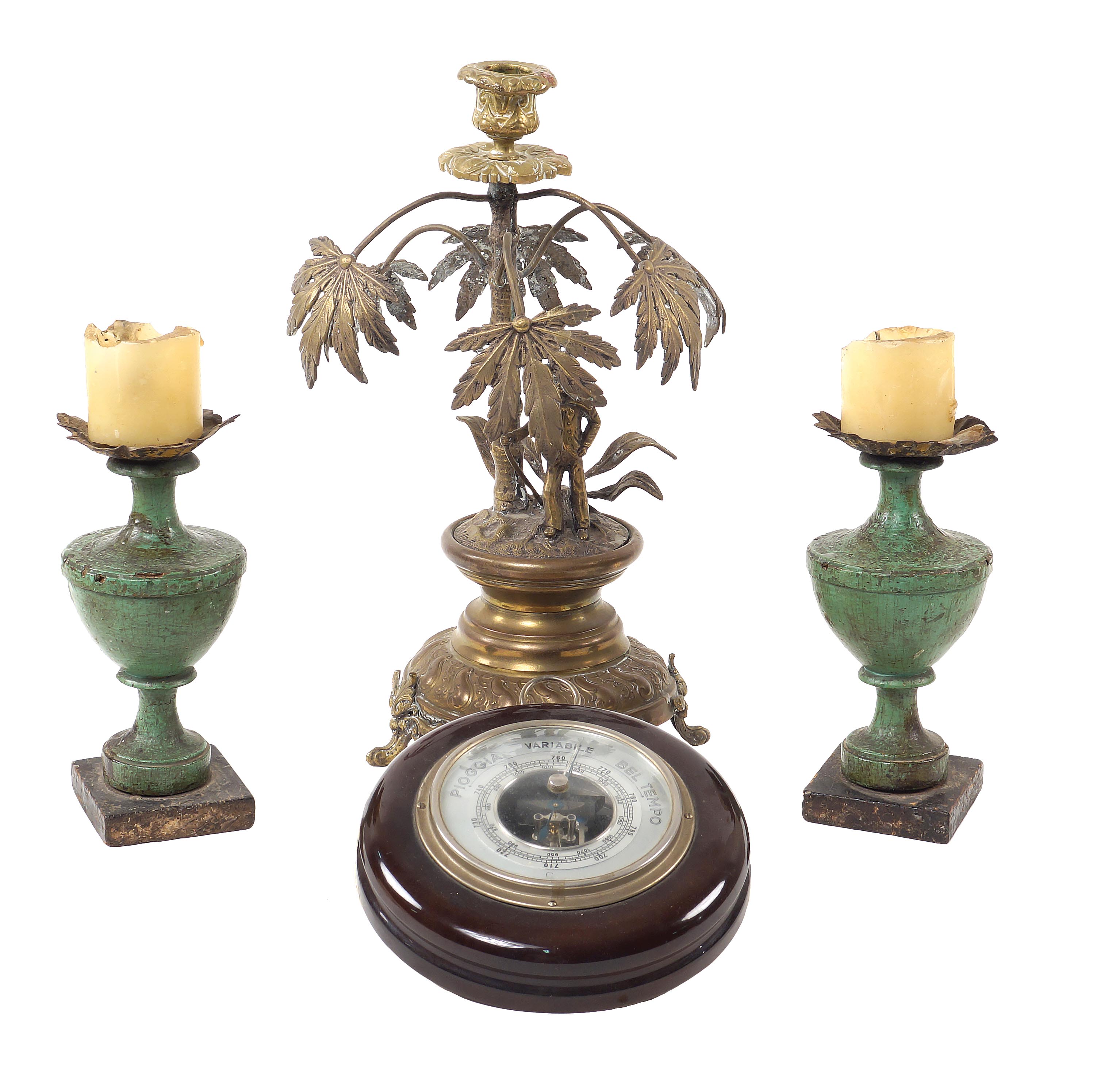 A mixed lot (4) Comprising a pair of lacquered wooden candelabra, a barometer and a bronze