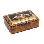 An Italian turtel and root wood musical box On the centre the doves of Pliny framed by a gilt silver