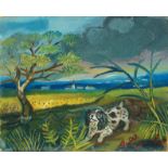 Antonio Ligabue "Dog with landscape", 1953, oil on masonite, signed (lower right), framed.