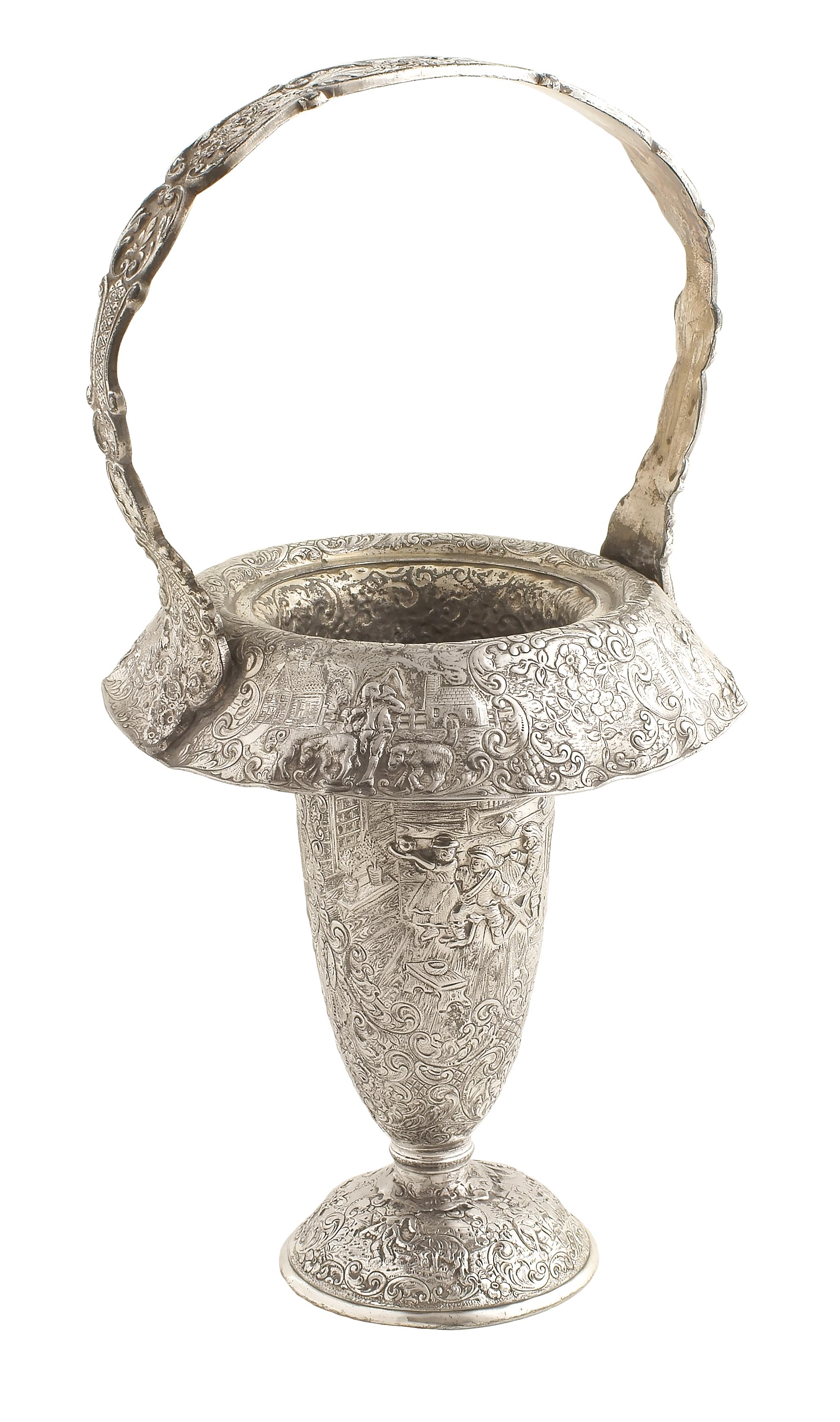 A German pewter basket with handle entirely decorated, defects and cracks late 19th century 35x18