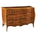 An Italian ebony Louis XV style commode Violet ebony with bois de rose marquetry, three drawers with