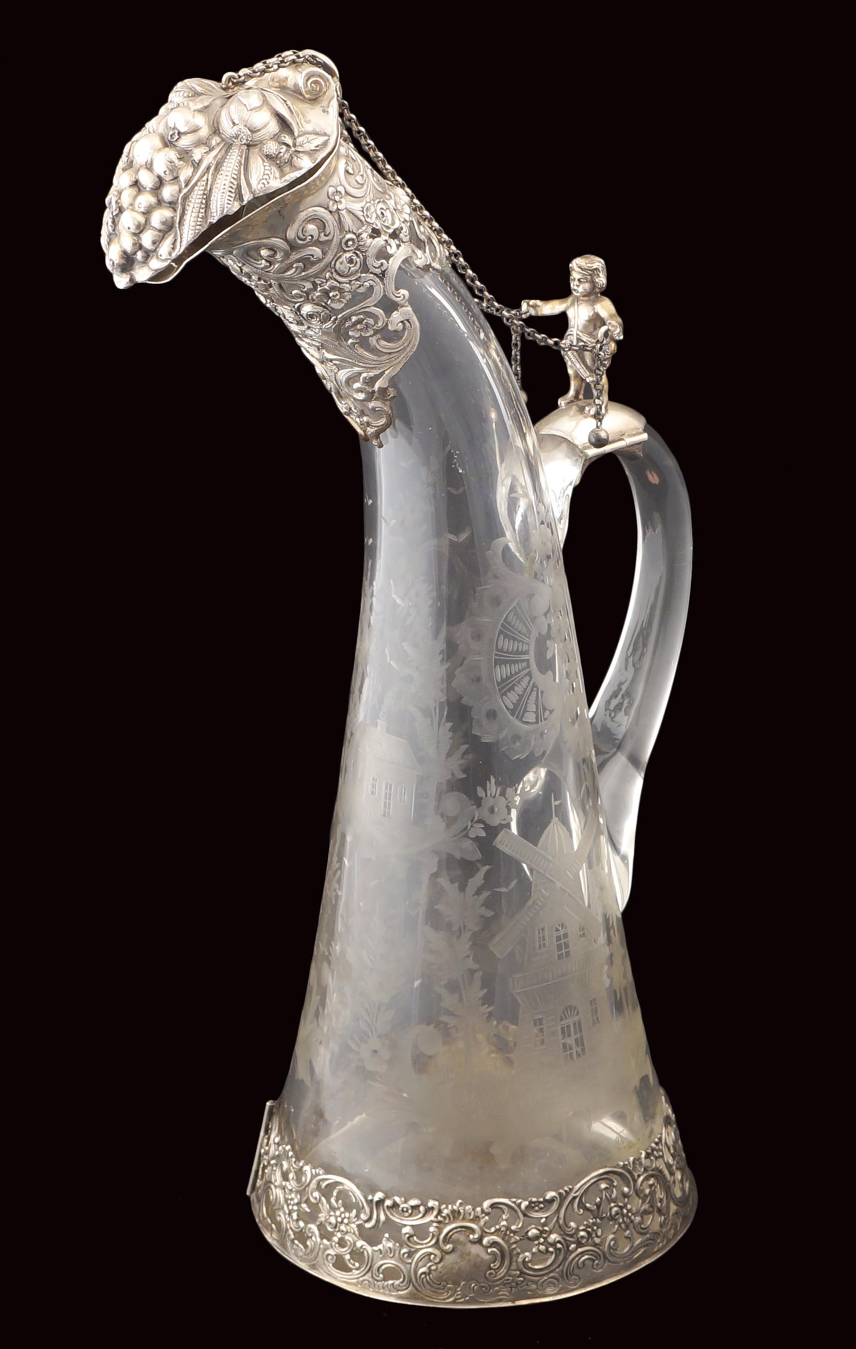 A German crystal and silver can Crystal body finely engraved and with silver mounting, on the handle