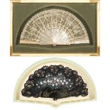 A lot of two brise' fans both framed and one decorated with mother-of-pearl elements 19th/20th