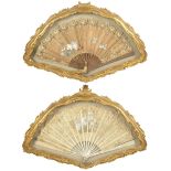A pair of brise' fans Mother-of-pearl inlays, lace fan, giltwood frame, defects 19th century 53x80