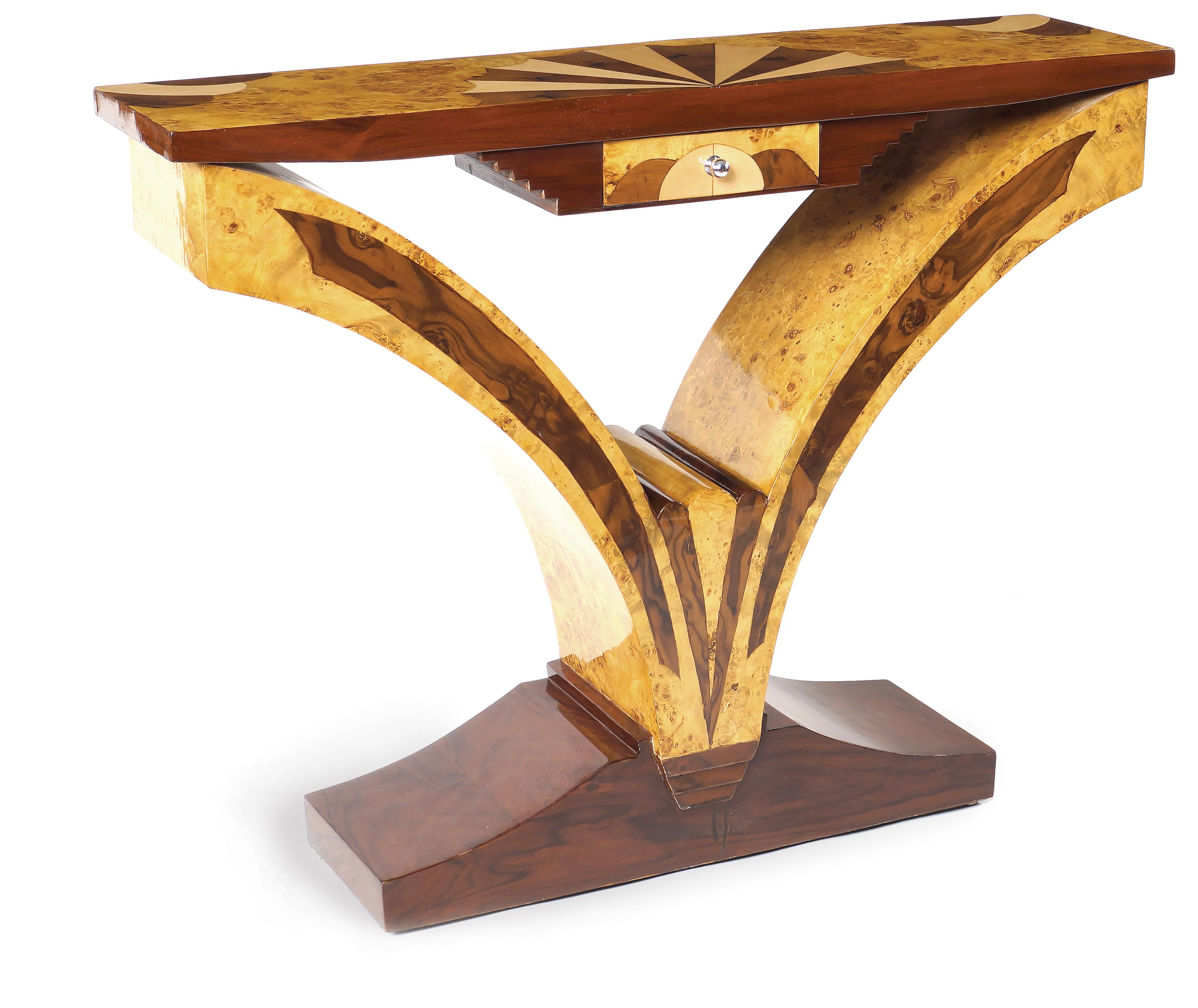 A French elm wood Deco console With walnut wood marquetry and one drawer under the rectangular
