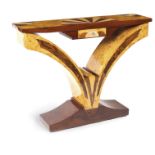 A French elm wood Deco console With walnut wood marquetry and one drawer under the rectangular