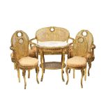 A French giltwood salon Repoussé and chasing decorations, woven rattan seating and chair back,