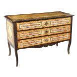 An Italian lacquered wood commode Simulating wood, lateral ebonized wood mountings decorated with