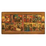 Icon Tempera on board, showing the eight feasts and four devotional Saints. The Icon is in good