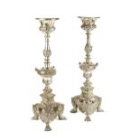 An important pair of Venetian silver candelabra Silver repoussé and chasing, stands modelled as