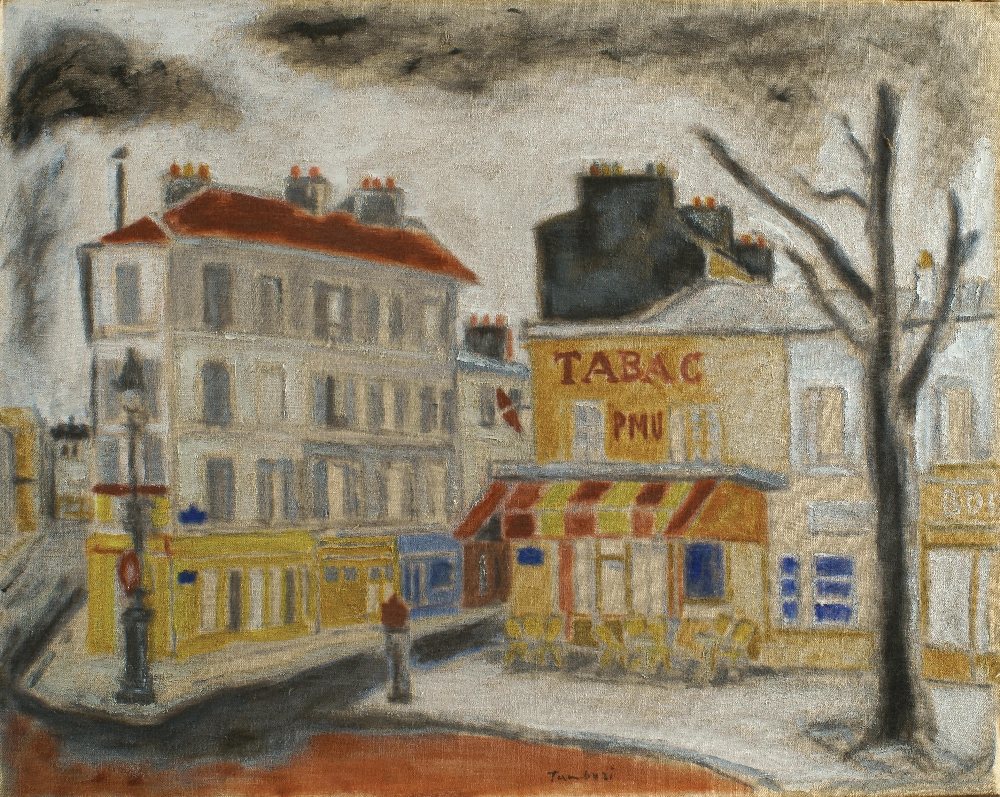 Orfeo Tamburi "At the Tabac", 1956, oil on canvas, signed lower centre and on the reverse signed,