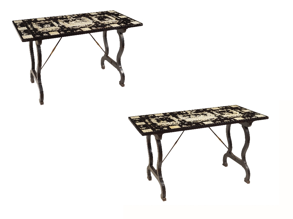 A rare pair of Italian ebonized wood and ivory tables richly decorated all over the top with ivory