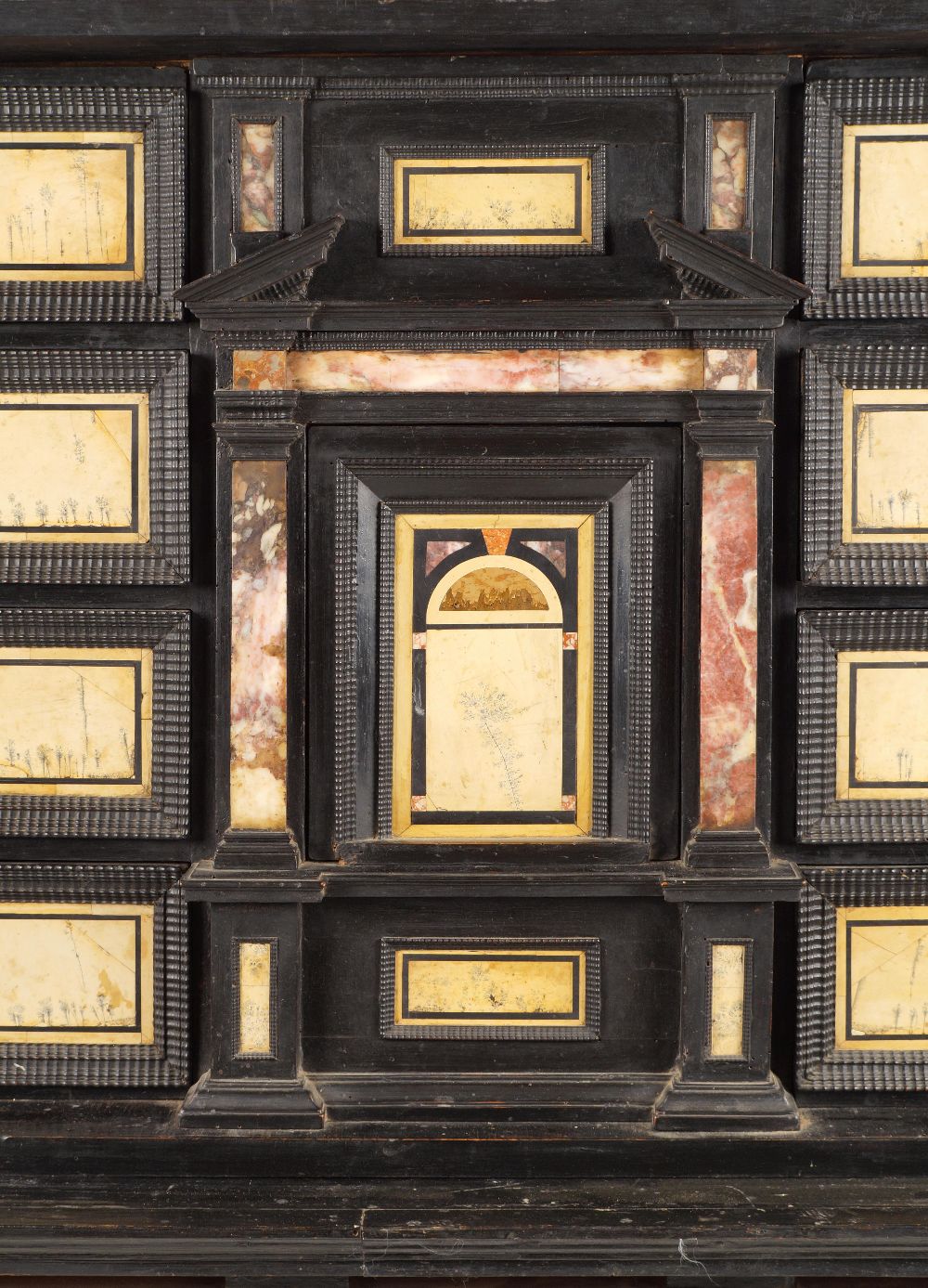 An Italian ebonized wood cabinet a central drawer framed by turned columns with mounted above a Ruin - Image 3 of 3