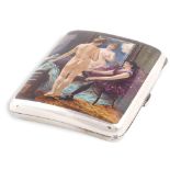 A German silver and enamel cigarette case Polychromatic decorated cover with a scene of a dressing