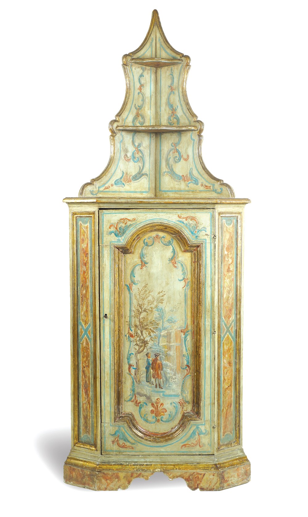 A lacquered and giltwood corner cabinet the gilding is made in the meccatura technique. Decorated