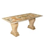 An Italian marble table Rectangular top with different marble decorations, comprising two travertine