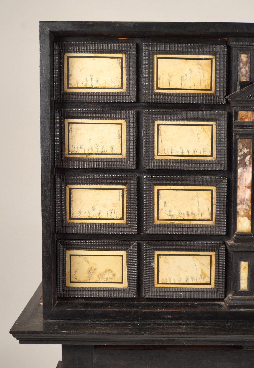 An Italian ebonized wood cabinet a central drawer framed by turned columns with mounted above a Ruin - Image 2 of 3