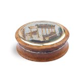 A Roman gold, micromosaic and root wood tobacco box On the cover a micromosaic representing "The