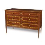 An Italian Louis XVI style walnut commode decorated with boxwood marquetry, rectangular top with