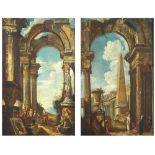 Circle of Gian Paolo Panini "Capricious architecture", pair of oil paintings on canvas, framed
