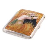 A German silver and enamel cigarette case Polychromatic decorated cover, representing a half nude