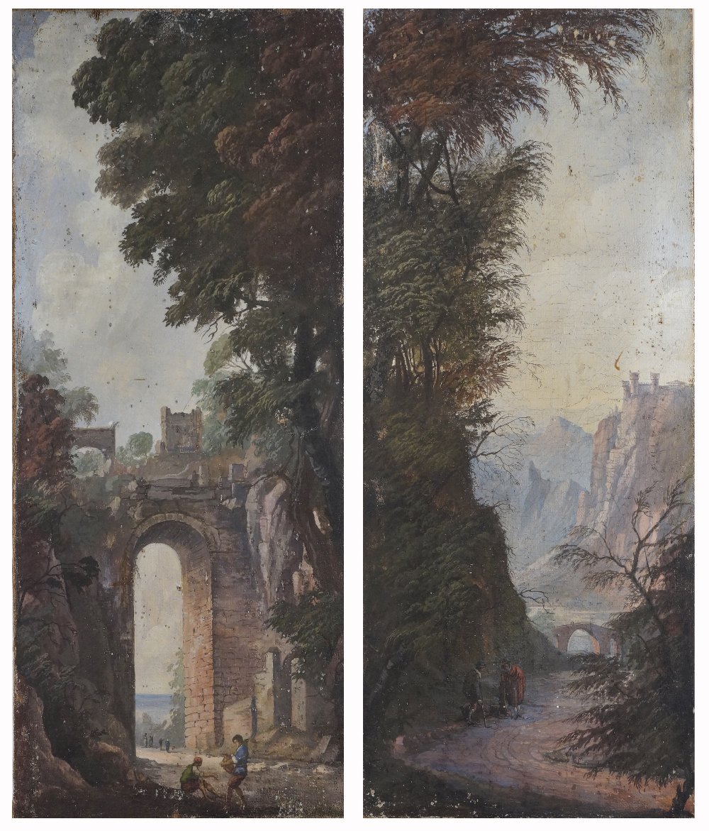 Italian school "Landscape with staffage", pair of frescos, framed 18th century 90x40 cm.