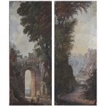 Italian school "Landscape with staffage", pair of frescos, framed 18th century 90x40 cm.