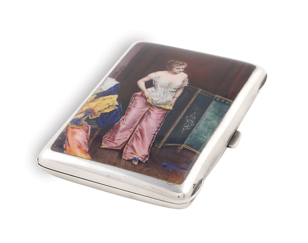 A German silver and enamel cigarette case On the cover a portrait of a dressing showgirl, dim.: 1,