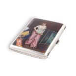 A German silver and enamel cigarette case On the cover a portrait of a dressing showgirl, dim.: 1,