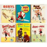 Beryl The Peril Bi-annuals 1-5 (1959-67). With Blue Peter Annual No 1 (1964) 1 inch top/bottom spine