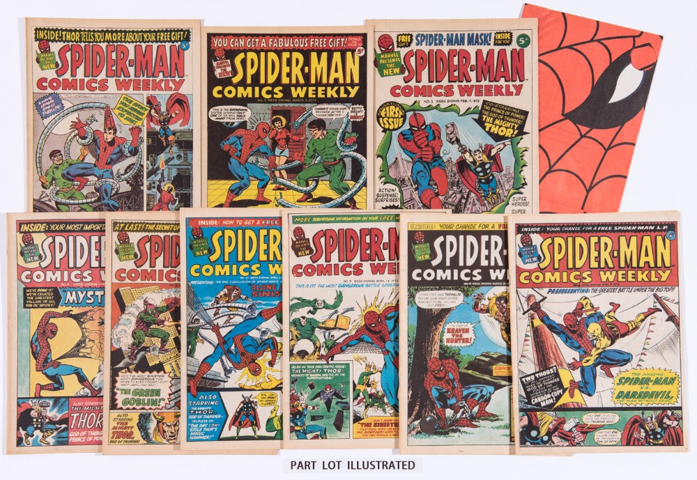 Spider-Man Comics Weekly (1973). 1 wfg Spider-Man Mask, 3-10. Bright covers, cream pages [fn/vfn] (